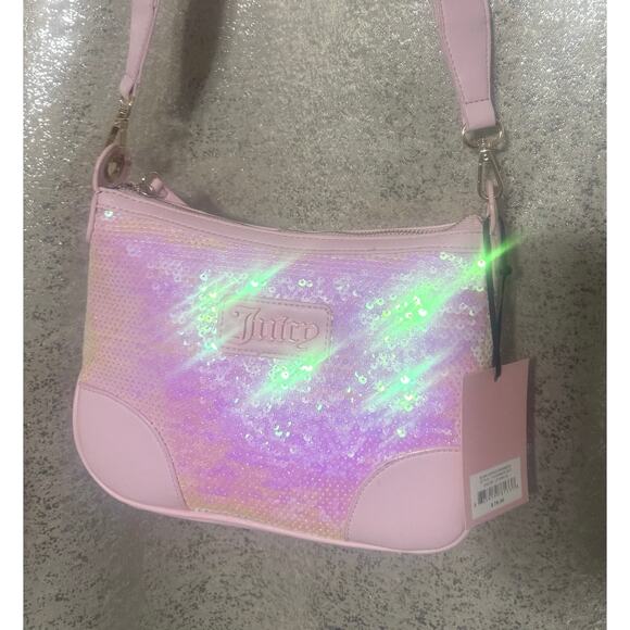 NWT Juicy Couture Blank Canvas Crossbody Purse Bag Lt Pink Iridescent Sequins - Picture 5 of 10
